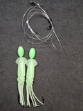 Hi-Lo 30 lb Fishing Rig 2 Hooks Bait 3"Green GLOW B2 Squid Teasers Fluke Sea Bass