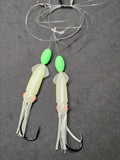 Hi-Lo 30 lb Fishing Rig 2 Hooks Bait 3" Clear GLOW B2 Squid Teasers Fluke Sea Bass