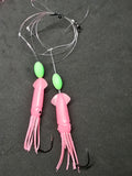 Hi-Lo 30 lb Fishing Rig 2 Hooks Bait 3" PINK GLOW B2 Squid Teasers Fluke Sea Bass