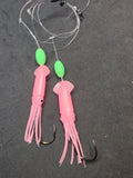 Hi-Lo 30 lb Fishing Rig 2 Hooks Bait 3" PINK GLOW B2 Squid Teasers Fluke Sea Bass