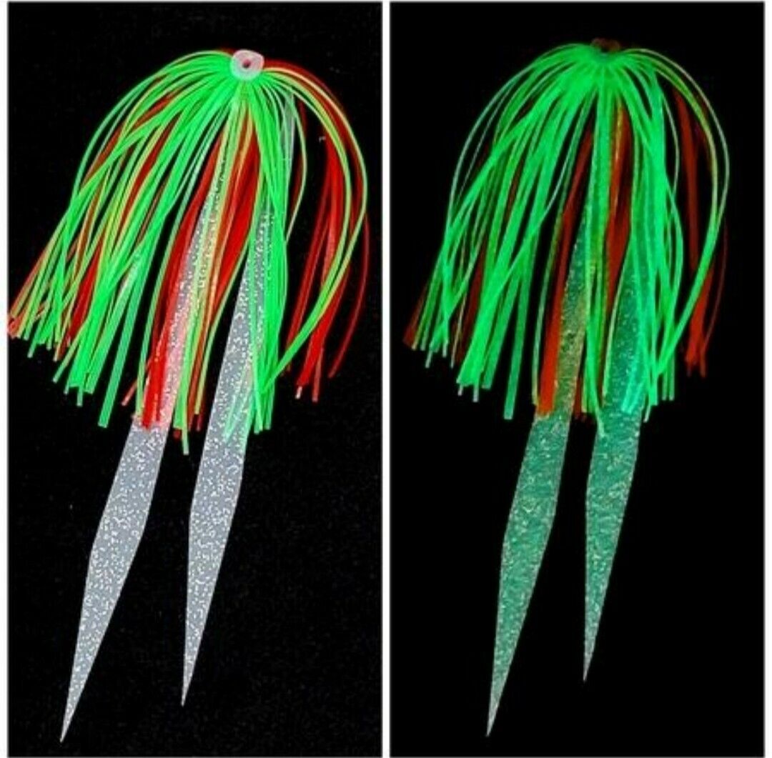 Silicone Fishing Skirt 4" w/ Glow Tails Fishing Lure Rig Teaser Micro Tackle 10
