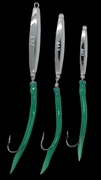 3 Green Ava Diamond Jigs 1,2,3oz Split Tube Tails Bluefish Striper Jig