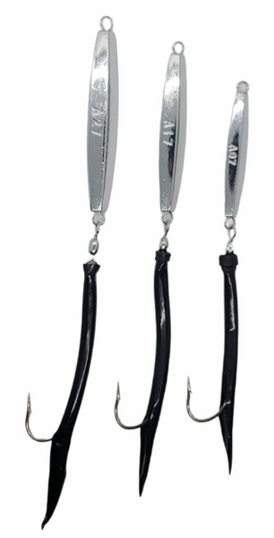 3 Black Ava Diamond Jigs 1,2,3oz Split Tube Tails Bluefish Striper Jig