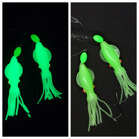 HiLo 30 lb Fishing Rig 2 Hooks Bait 4" GLOW B2 Squid Teasers Fluke Sea Bass