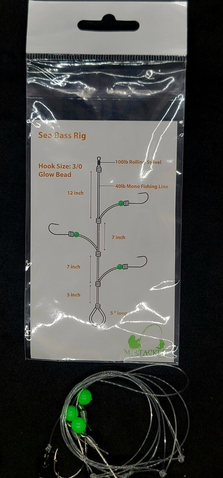 Sea Bass Fishing Hi-Lo Bottom Rig 3 Hook Glow Red Bead Tackle 3/0 Rolling  Swivel