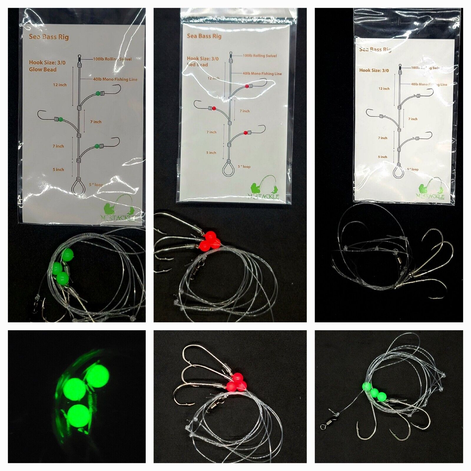 Bass Fishig Rigs Sea Bass Fishing Hi-Lo Bottom Rig 3 Hook Glow Red Bead Tackle 3/0 Roll ...