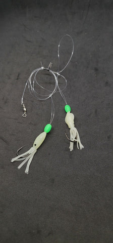 HiLo 30 lb Fishing Rig Double Hook Bait 2.5" GLOW Squid Teasers Fluke Sea Bass