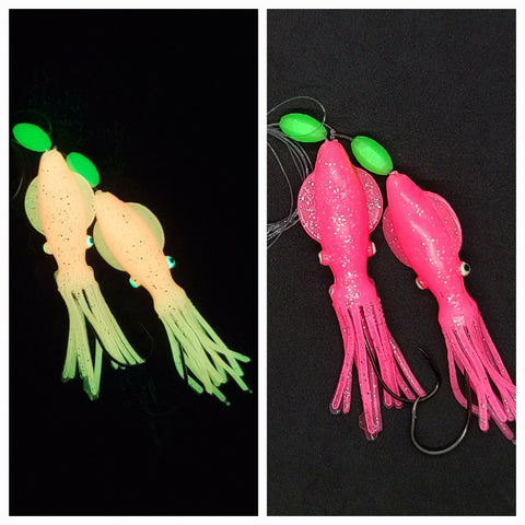 HiLo 30 lb Fishing Rig 2 Hooks Bait 4" Pink GLOW B2 Squid Teasers Fluke SeaBass