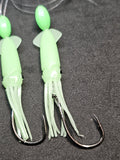 Hi-Lo 30 lb Fishing Rig 2 Hooks Bait 3"Green GLOW B2 Squid Teasers Fluke Sea Bass