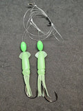 Hi-Lo 30 lb Fishing Rig 2 Hooks Bait 3"Green GLOW B2 Squid Teasers Fluke Sea Bass