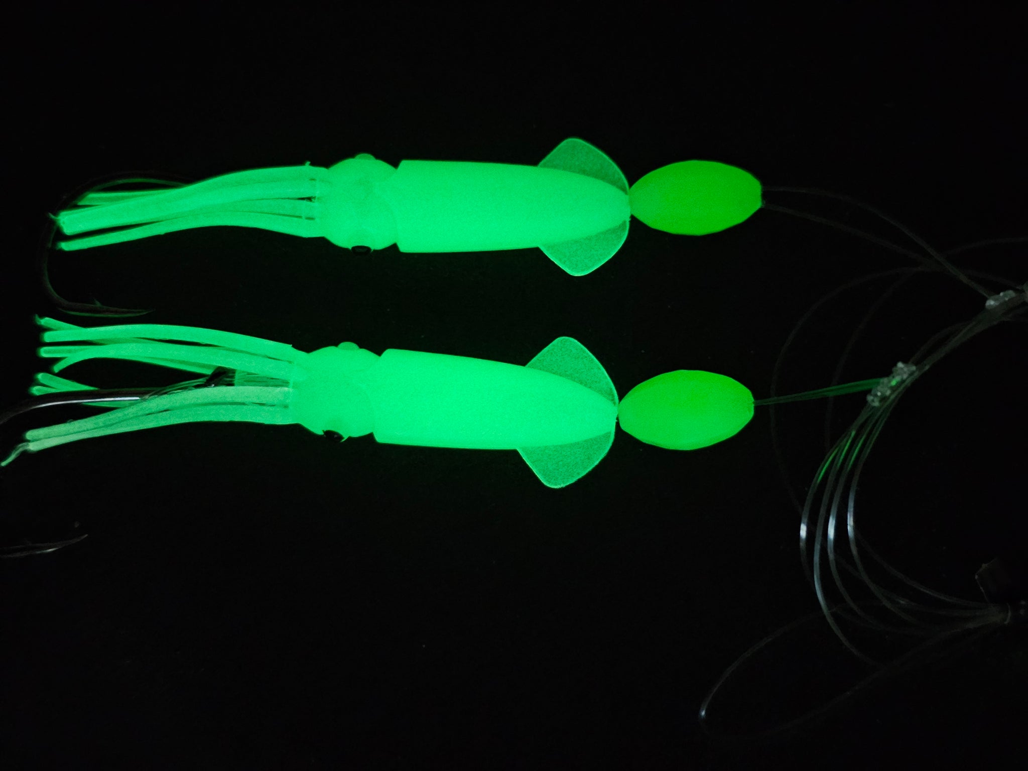 Hi-Lo 30 lb Fishing Rig 2 Hooks Bait 3Green GLOW B2 Squid Teasers Flu