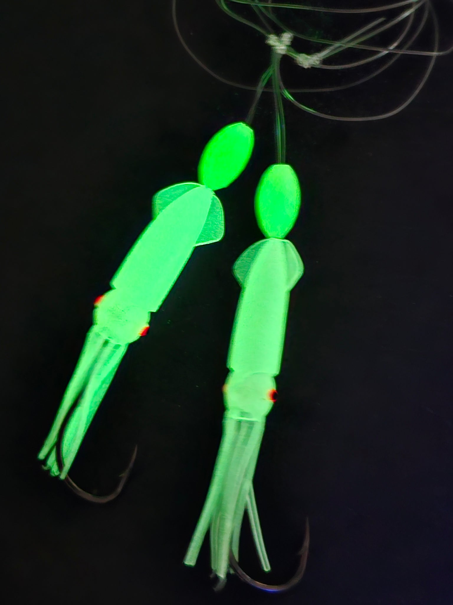 Hi-Lo 30 lb Fishing Rig 2 Hooks Bait 3" Clear GLOW B2 Squid Teasers Fluke Sea Bass Hi-Lo 30 lb Fishing Rig 2 Hooks Bait 3" Clear GLOW B2 Squid Teasers Fluke Sea Bass
