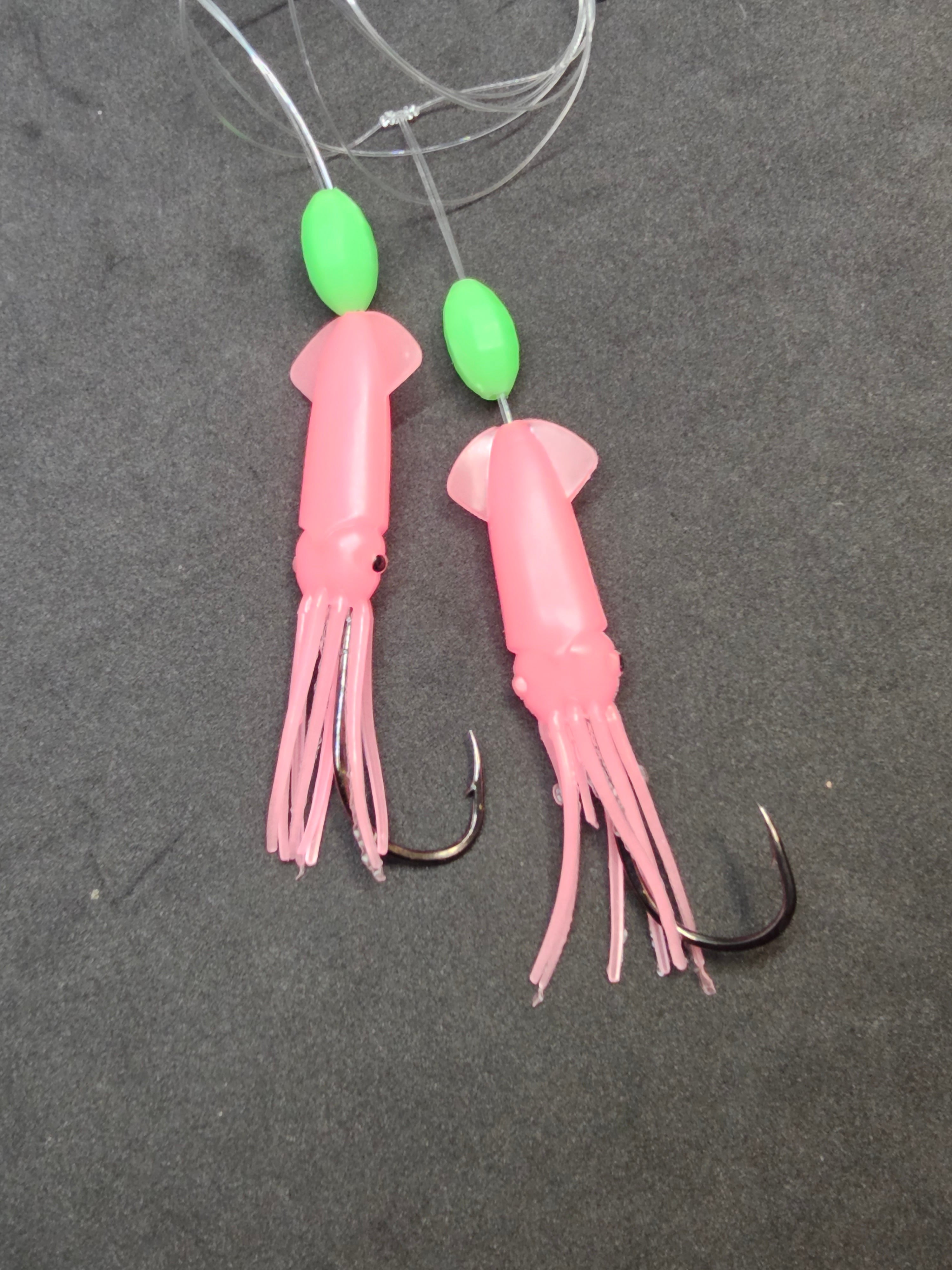 Hi-Lo 30 lb Fishing Rig 2 Hooks Bait 3 PINK GLOW B2 Squid Teasers
