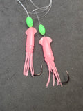 Hi-Lo 30 lb Fishing Rig 2 Hooks Bait 3" PINK GLOW B2 Squid Teasers Fluke Sea Bass