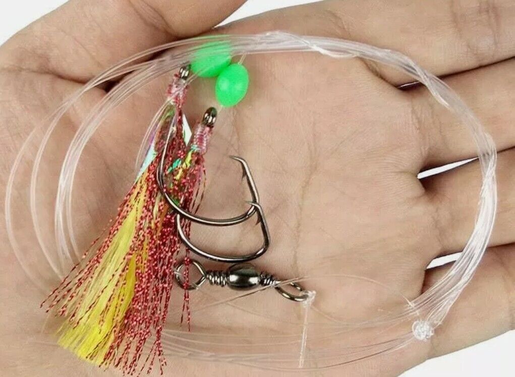 Hi Lo Sabiki Rig Fishing 6\0 Hook w\ Flasher 40lb Mono Glow Bead Fluke