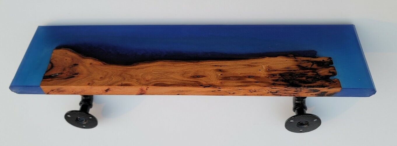 Epoxy Shelf with Hangers Sapphire Blue Pour With Wood Live Edge Wall Steam Punk