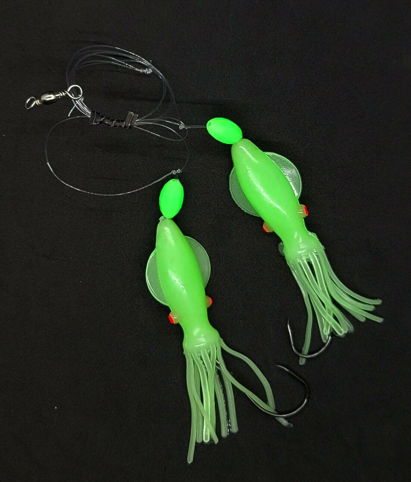 Hi-Lo 30 lb Fishing Rig 2 Hooks Bait 4 GREEN GLOW B2 Squid Teasers Fluke  Sea Bass