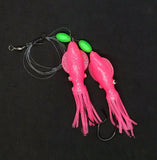 Hi-Lo 30 lb Fishing Rig 2 Hooks Bait 4" Pink GLOW B2 Squid Teasers Fluke SeaBass