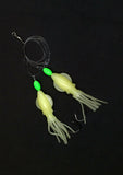 Hi-Lo 30 lb Fishing Rig 2 Hooks Bait 4" GLOW B2 Squid Teasers Fluke Sea Bass