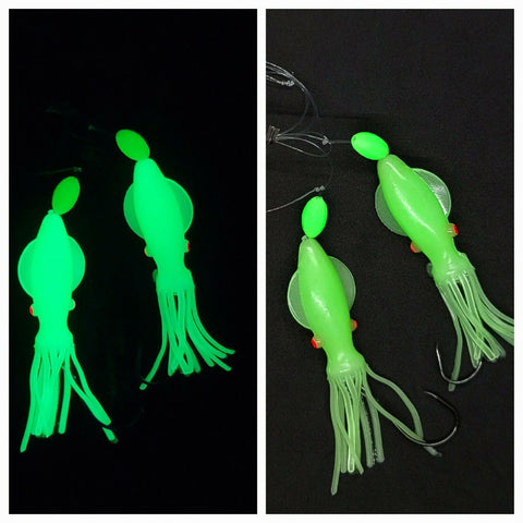 Hi-Lo 30 lb Fishing Rig 2 Hooks Bait 4"  GREEN GLOW B2 Squid Teasers Fluke Sea Bass