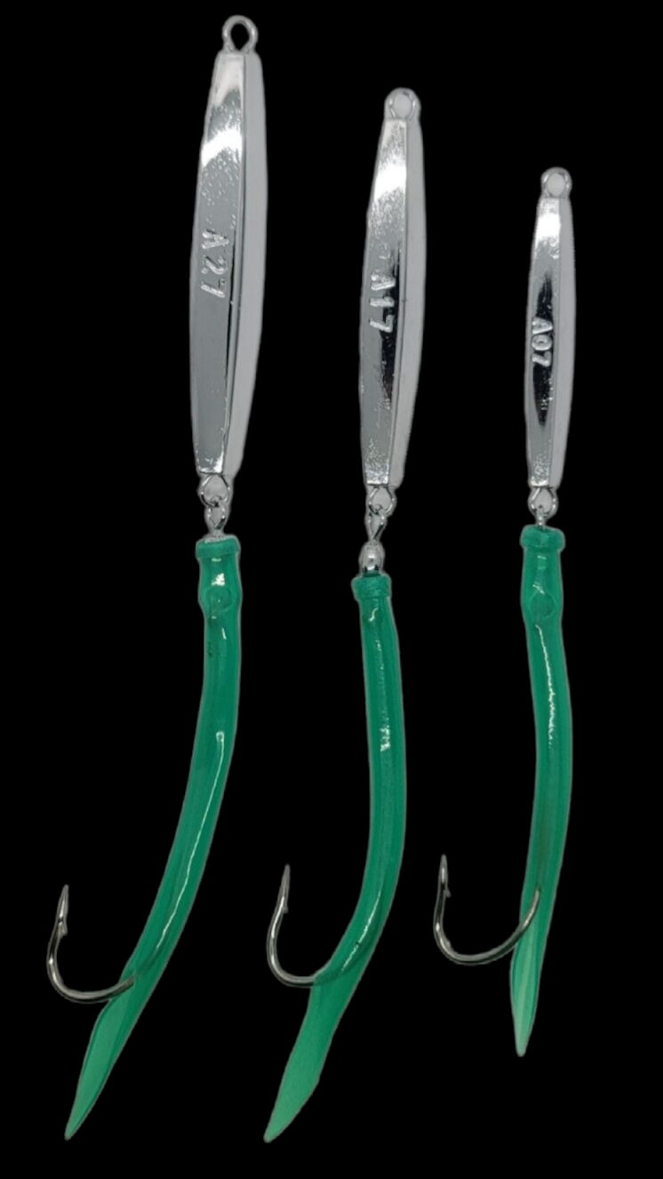 3 Green Ava Diamond Jigs 1,2,3oz Split Tube Tails Bluefish Striper Jigging Casting