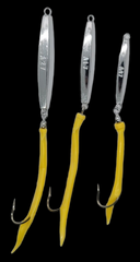 3 Yellow Ava Diamond Jigs 1,2,3oz Split Tube Tails Bluefish Striper Jigging Casting